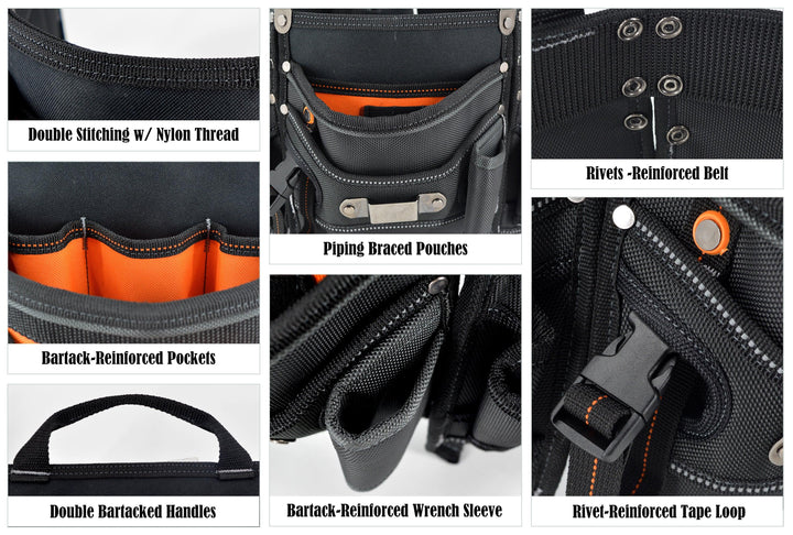 Welkinland 18-Pockets Carpenter Tool Belt for 29-48 Inch waist, Gift Packed, Black with Orange - Welkinland