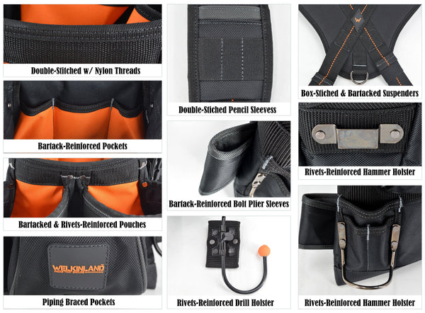Welkinland 11PCS-Set Tool Belt With Suspenders for 29-48 Inch waist, Gift Packed, Black with Orange - Welkinland