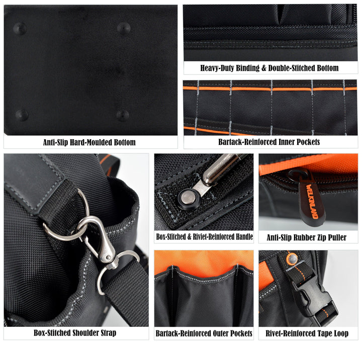 Welkinland 42-Pockets Hard-base Tools Bag-16Inch, Gift Packed, Black/Orange - Welkinland
