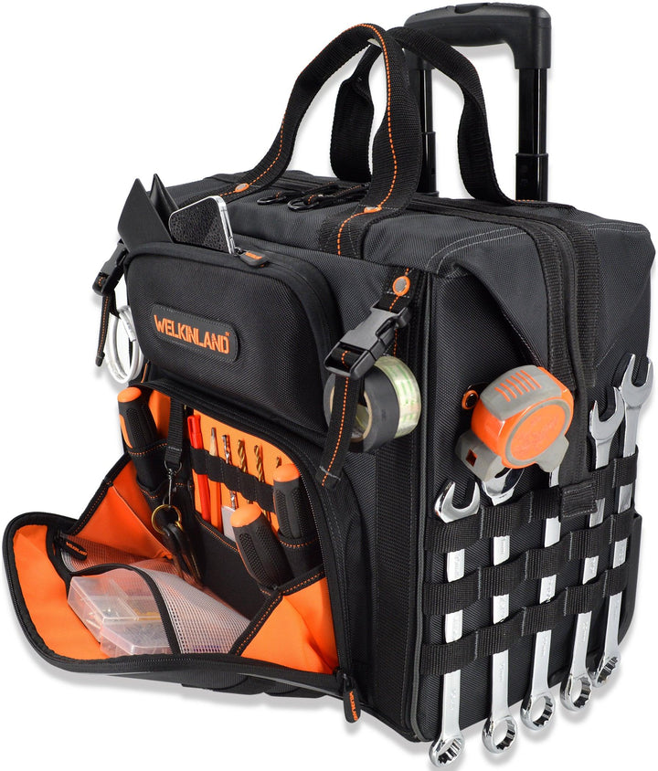 Welkinland 46Pockets Rolling Tool Bag-26Inch tool bag with trolley, Black with Orange - Welkinland