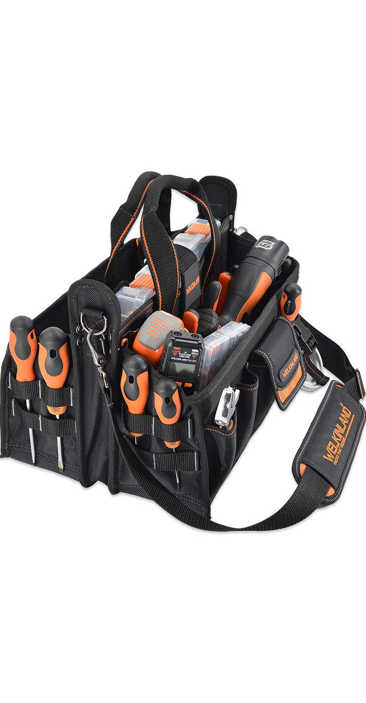 Welkinland 19-Pockets Tool Tote with a clear parts box-16Inch, Gift Packed, Black with Orange - Welkinland