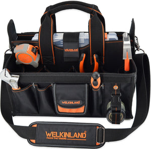Welkinland 19-Pockets Tool Tote with a clear parts box-16Inch, Gift Packed, Black with Orange - Welkinland
