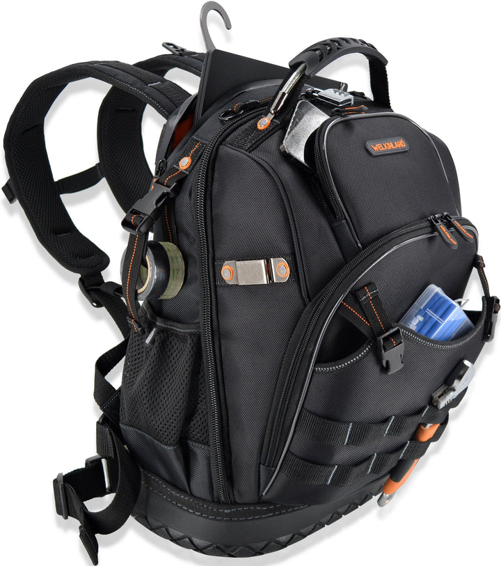 Welkinland 77-Pockets Tool Backpack, Hard-Base, Heavy-Duty Gift Packed, Black with Orange - Welkinland
