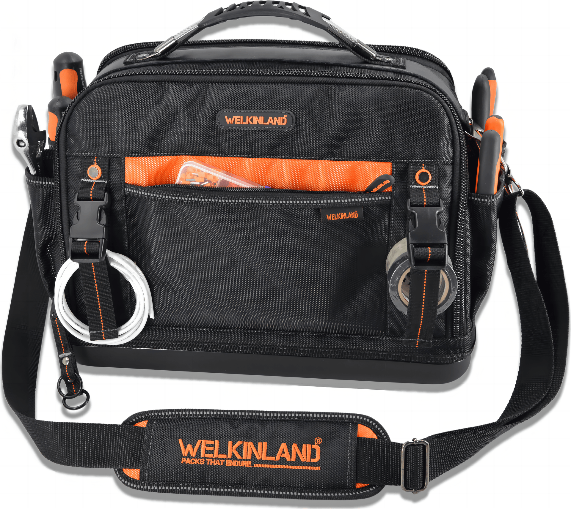 Welkinland 42-Pockets Hard-base Tools Bag-16Inch, Gift Packed, Black/O